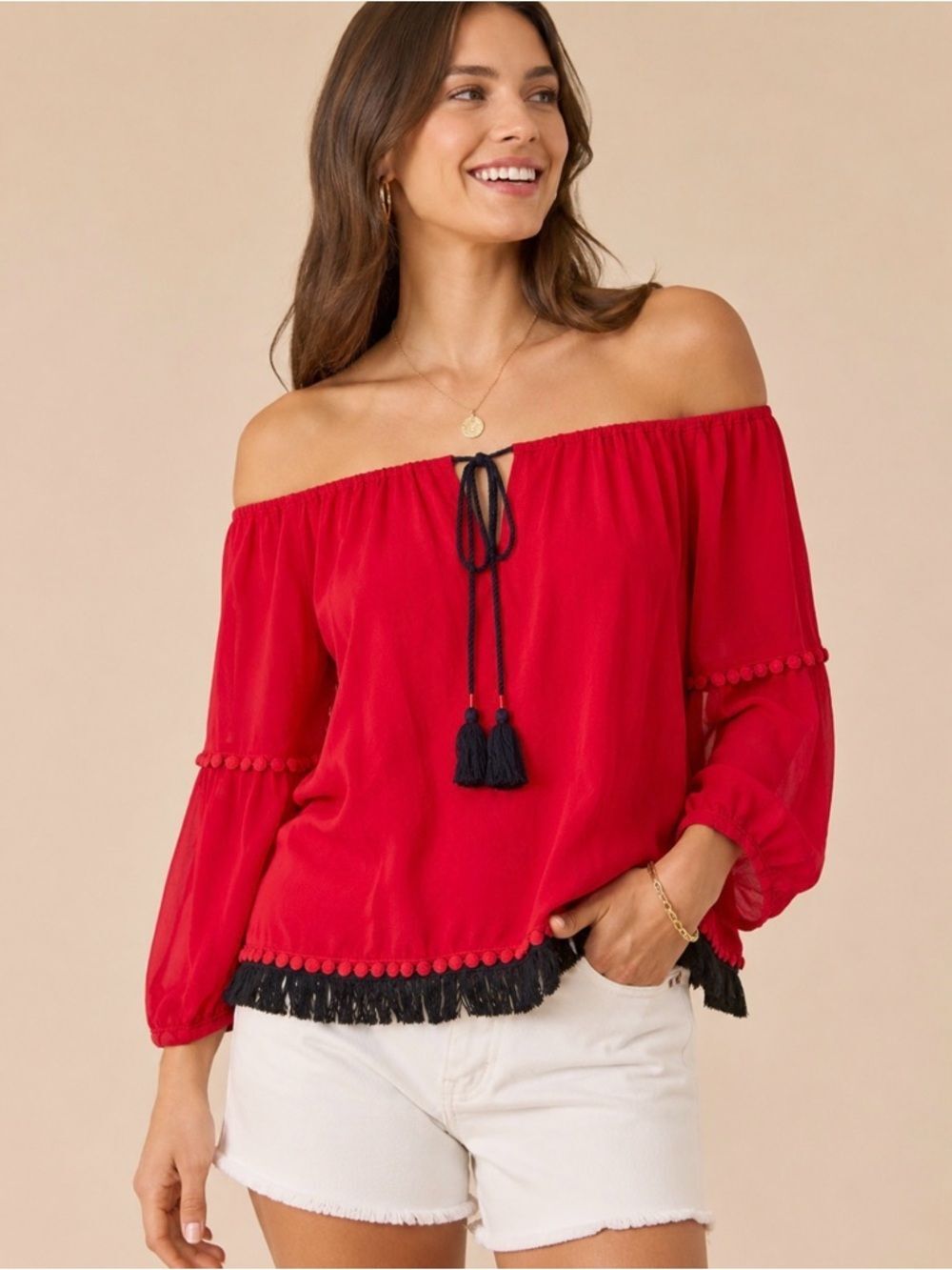 Tory Burch 100% Silk Red Tassel Fringe Peasant Blouse Size 8